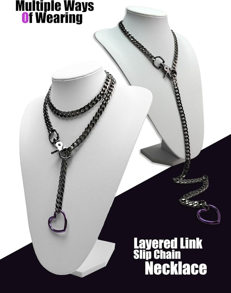 paloli Women's Slip Chain Rainbow Heart O-Ring Chunky Chain Necklace, Rays Cuban Long Layered Jewelry, Adjustable Lariat Y-Necklace Heart Loop Choker - Image 5